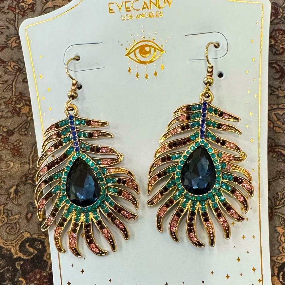Peacock Feather jeweled earrings by Eye Candy Los Angeles